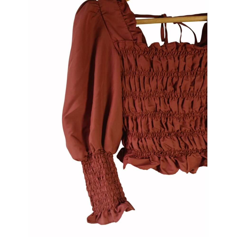 Milk Honey Smocked Rust Orange Shirt Top Size M Puff Sleeve Ruffle Cropped - Picture 2 of 13
